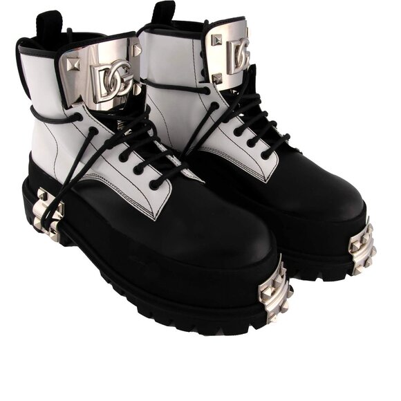Dolce & Gabbana - Platform Leather Biker Combat Boots with Logo and Studs Black - Picture 2 of 5